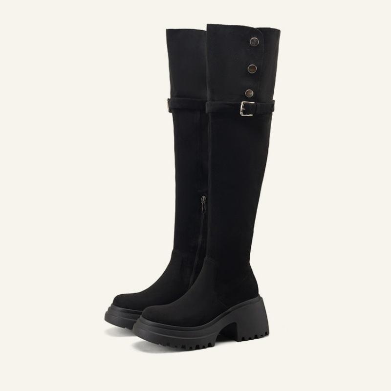 Maillard High-heeled Folded Knee Boots Women's Thick-soled Thick-heeled Heightened Knight Boots Autumn and Winter New Velvet
