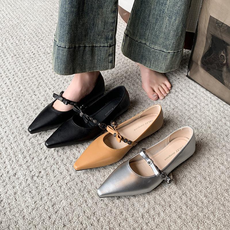 Fashion French Single Shoes Women 2025 Europe Station New Metal Bow Flat Block Heel Comfortable Pointed Toe Shoes
