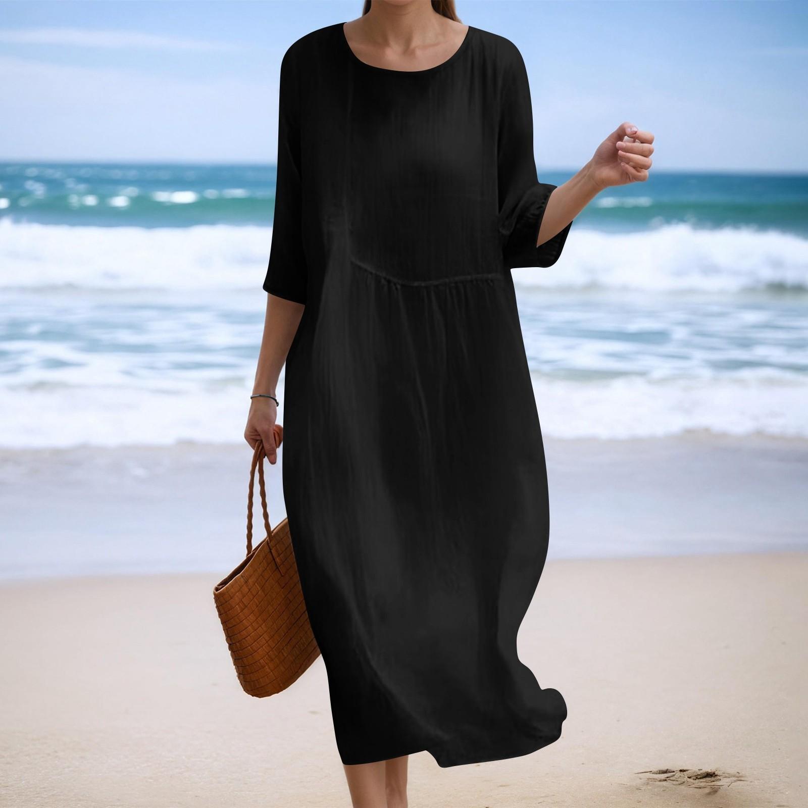 

Women s Fashionable Solid Color Round Neck Seven Quarter Sleeve Loose Dress XXL чорний