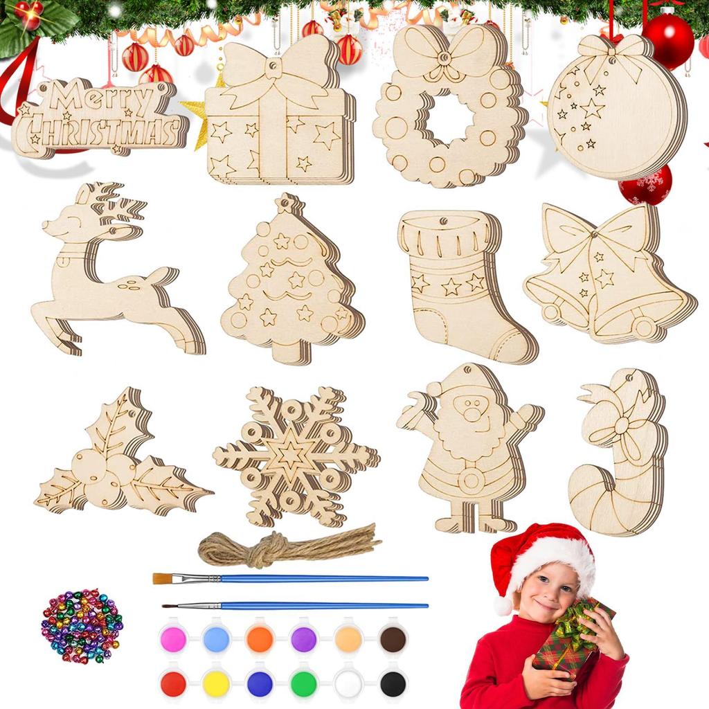 Unfinished Wooden Ornaments For Christmas Pendant Decoration Making Kit 60 Pieces Wooden Handcrafting Christmas Ornaments Making
