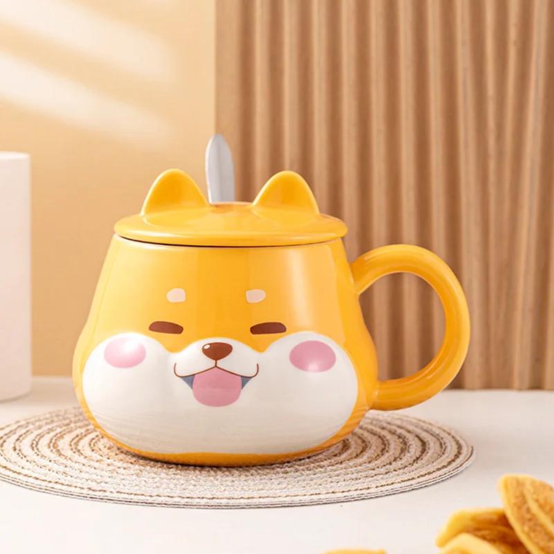 Creative Shiba Inu Ceramic Mug with Lid Cute Household Breakfast Mugs Office Coffee Cup with Lid Couple Water Cups Drinkware