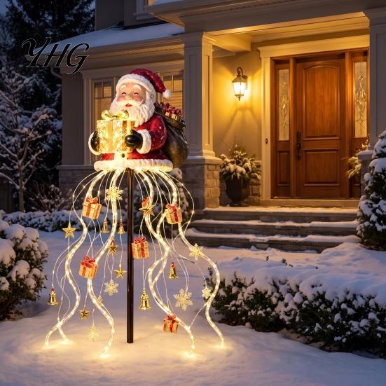 Weather Resistant Christmas Lawn Decor Solar Santa Claus Garden Light, LED Holding Gift Box Yard Stake Powered Winter Accents with Cascading