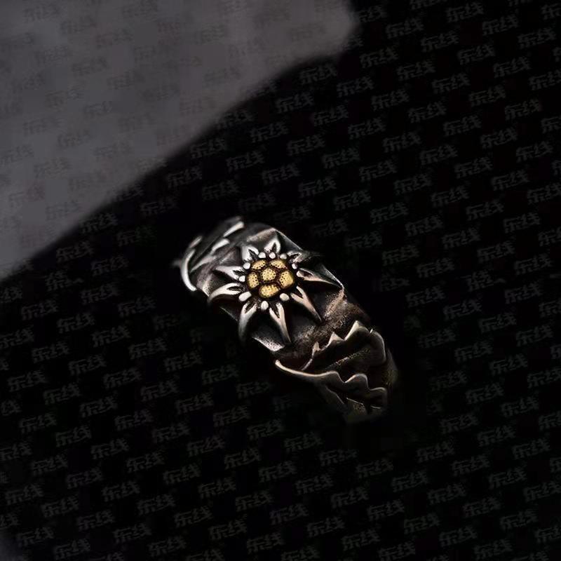 Adjustable Sterling Edelweiss Flower Ring With Copper Inlay Vintage Floral Jewelry Men Women