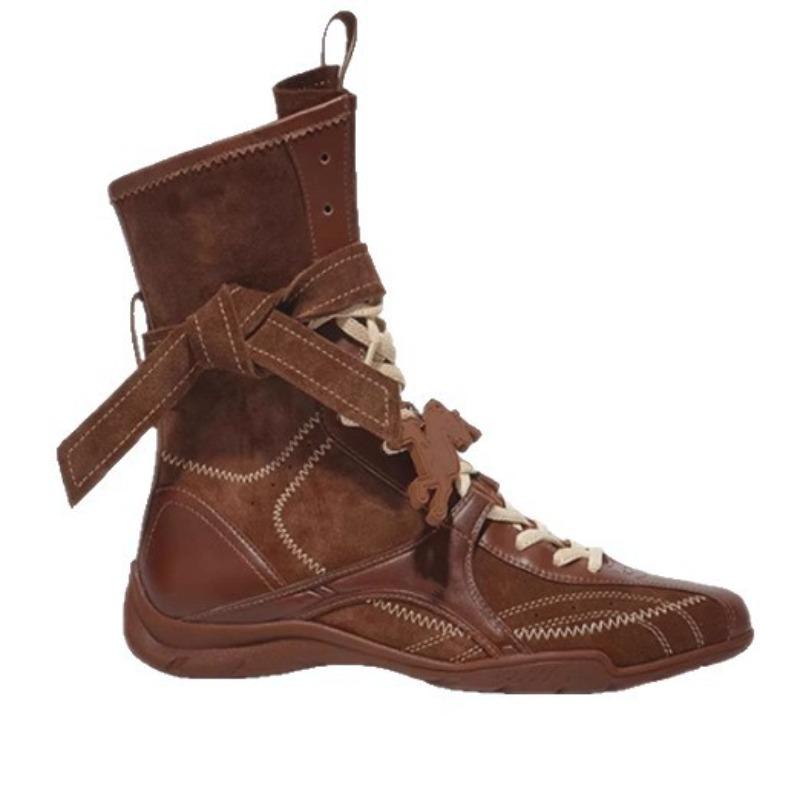 Cowhide Version Maillard Brown Boxing Boots Inner Height Increase Martin Boots Women's Retro Locomotive Boots Outdoor Mid Boots