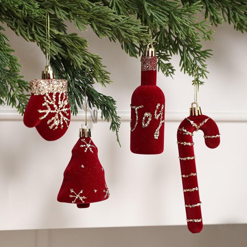 Light Luxury Flocking Burgundy Christmas Pendant Sticky Powder Gold Powder Special-shaped Pendant Light Luxury Decoration Pendant Arrangement