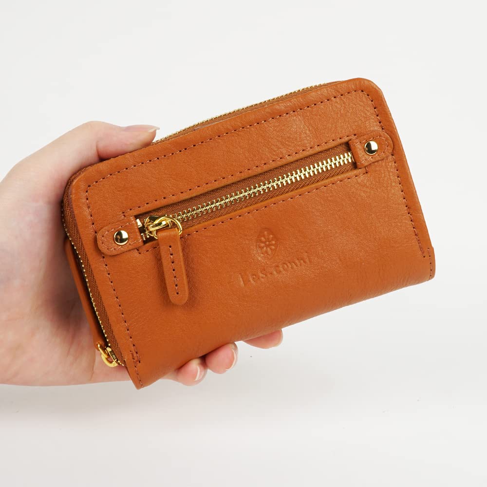 Les.conni Women's Genuine Leather Bifold Wallet with Zip-Around Design, Cowhide Leather, Camel