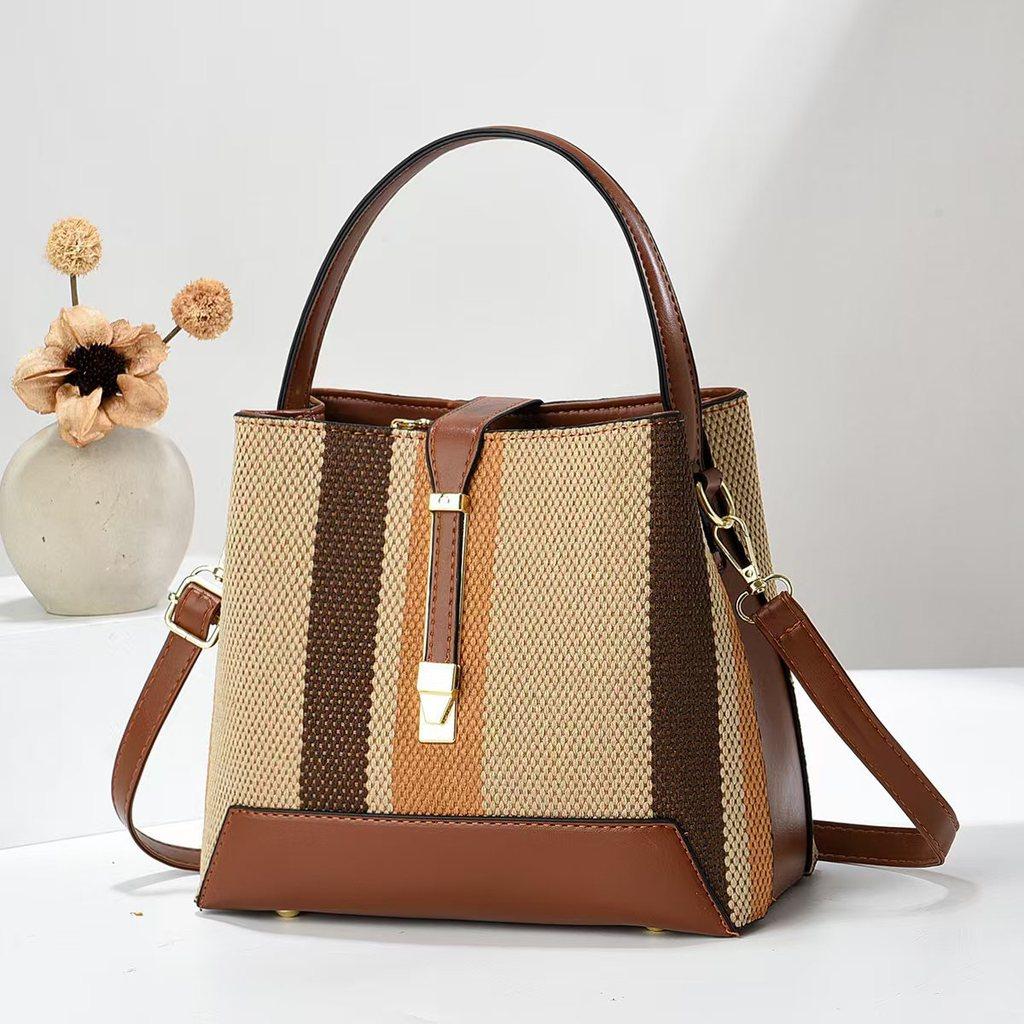 Pu Water Bucket Bag With Multilayer Weaving And Color Block Design For Daily Casual Use