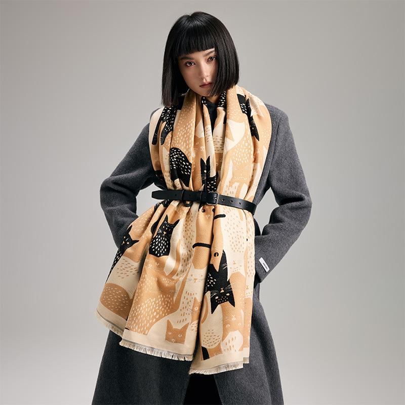 Cartoon Cat Contrasting Colors Double-Sided Imitation Cashmere Scarf Winter High-End Warm Shawl Women