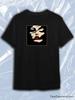 TeeSensation Black Crew Neck Short Sleeve T-Shirt with Abstract Wavy Face Red Lips Black Square Print