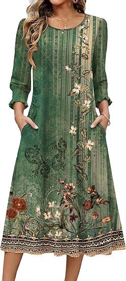 Women's Summer, Pocket Seven-Sleeve Floral Medium and Long Casual Dress