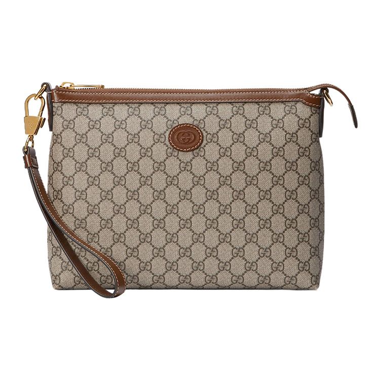 Gucci GG Supreme Canvas Leather Pouch Clutch With Gold Hardware For Unisex Daily Use