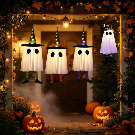 Tree Hanging Ghost Lanterns Halloween Decoration with Witch Hat And Leg, LED Lighted Spooky Trick or Treat Party Supplies Floating for Indoor Outdoor