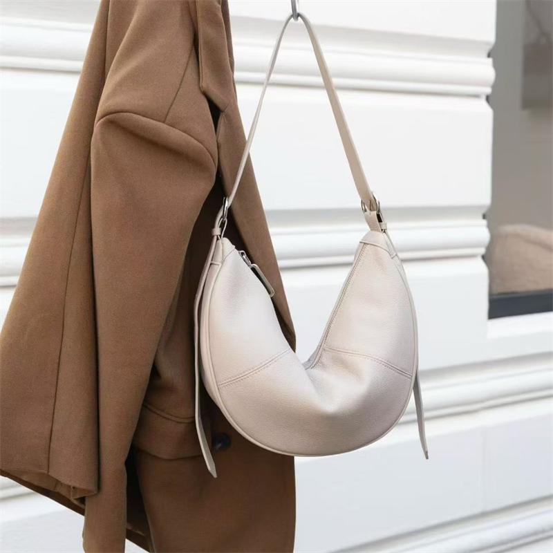 BURMINSA Luxury Genuine Leather Soft Hobo Bags For Women 2026 Cowhide Shoulder Crossbody Purses Work Crescent Ladies Handbags серо-белый