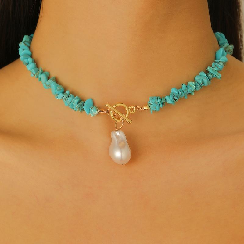 Vintage Irregular Stone Bead Necklace for Women Temperament Irregular Imitation Pearl Pendant Adjustable Clavicle Chain Zircon
