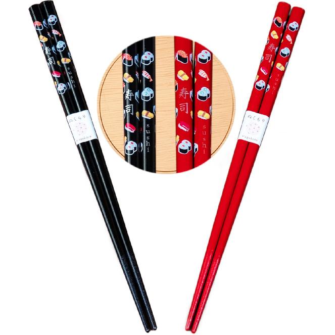 Set of Two Pairs of Cute Sushi Chopsticks - Wooden - Reble Red and Black Sushi