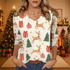 Women's Christmas Print V-Neck Three-Quarter Sleeve Loose Fit Casual Shirt