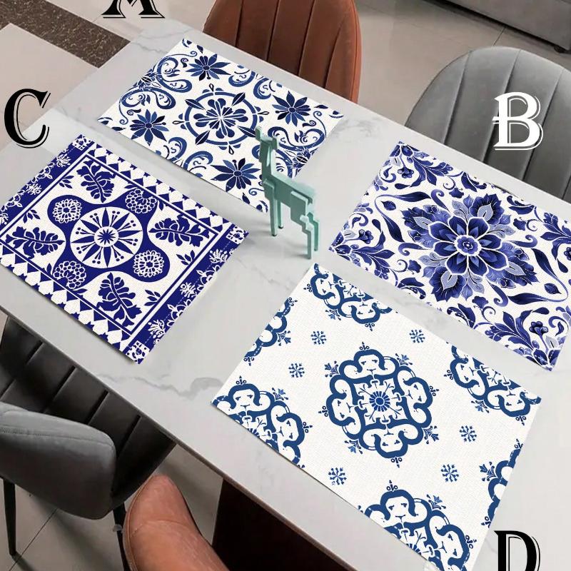 4pcs Blue And White Ceramic Style Geometric Bohemian Placemat Table Runner Set For Coffee Mug Bowl And Plates Decor