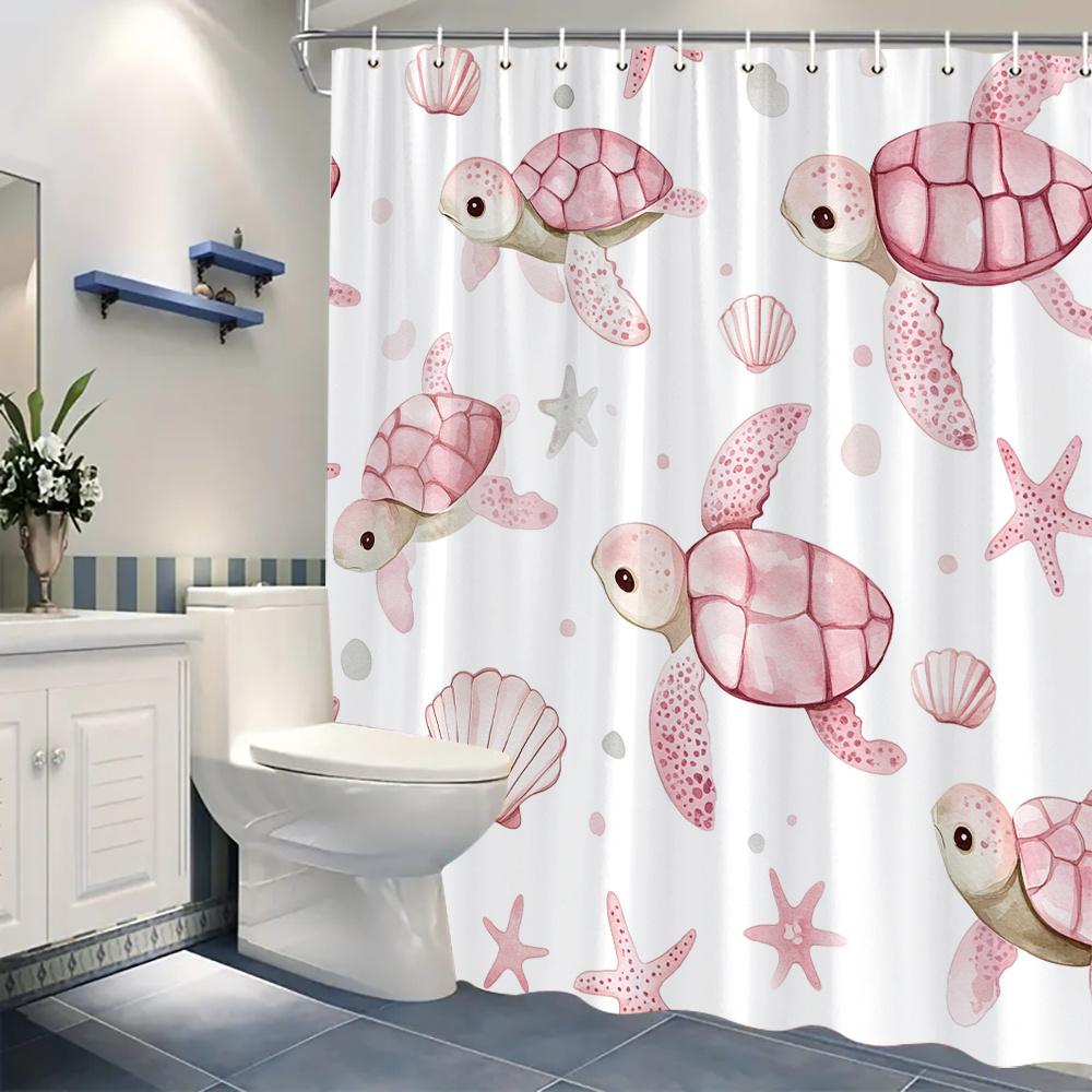 1 Pink Turtle And Shell Shower Curtain, Polyester Fabric, Machine Washable, Suitable For Bathroom Decoration