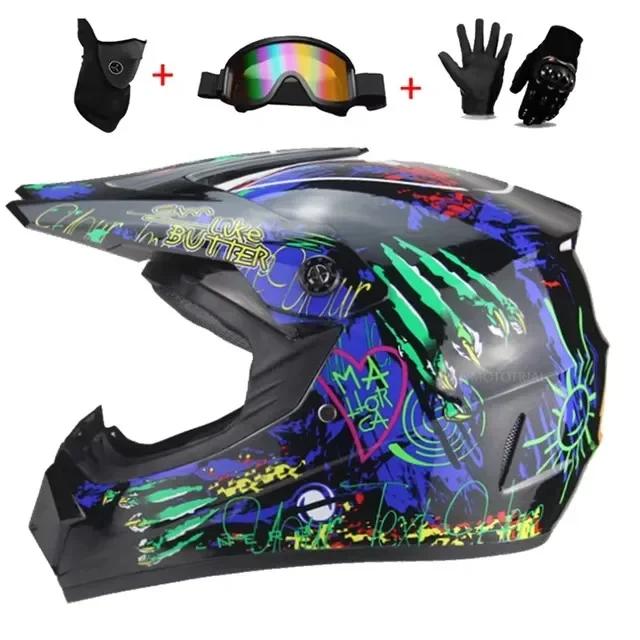 Full Face Motocross Helmet Kit Dot/Ece - For Adults & Youth - Comes With Mx Goggles & Gloves