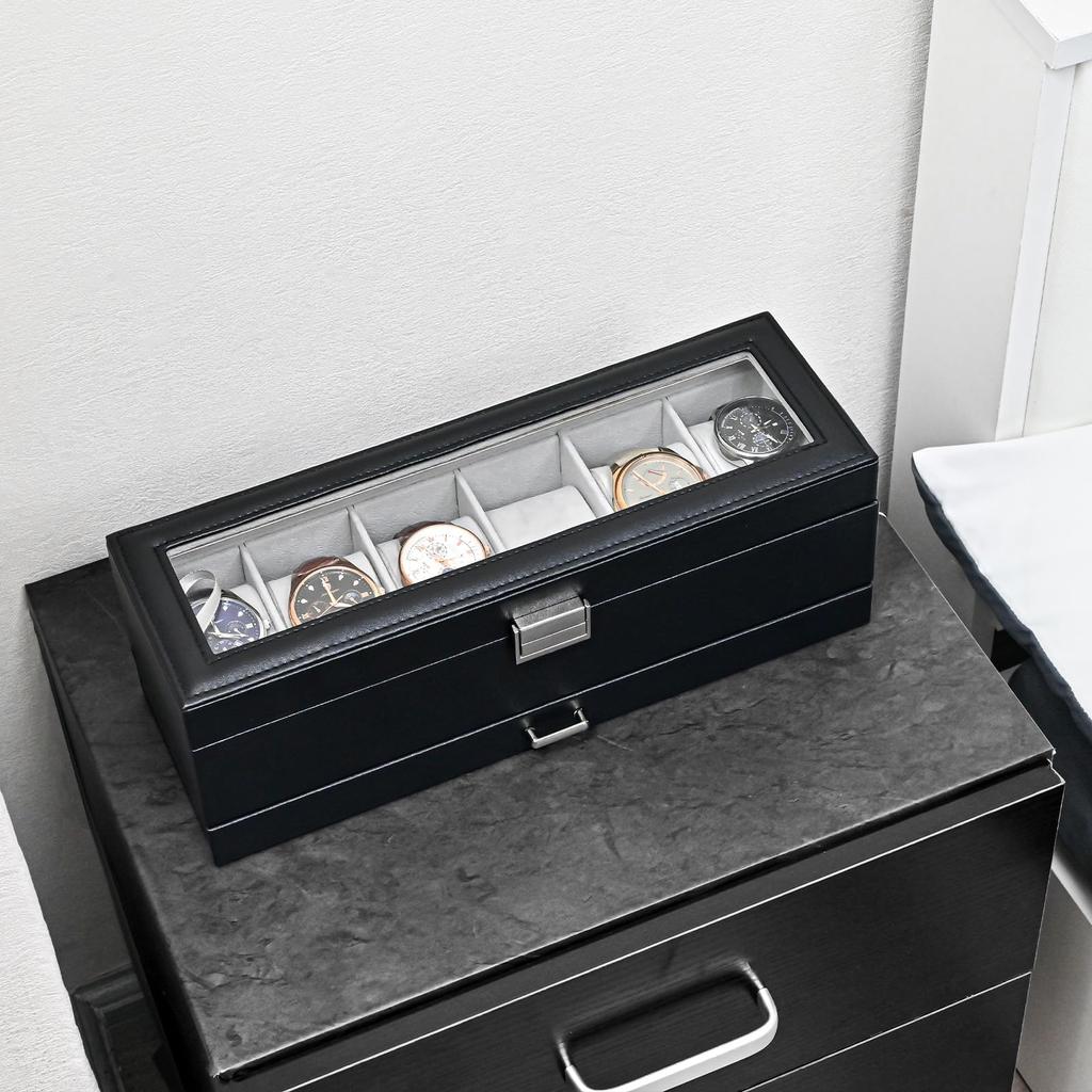 ProCase Boîte de Rangement pour Montres à 6 Emplacements avec Boîte de Montre avec Verre 2 Couches Support Organisateur de Rangement pour Bijoux Boîte pour Homme, Tiroir, Couvercle pour Homme,