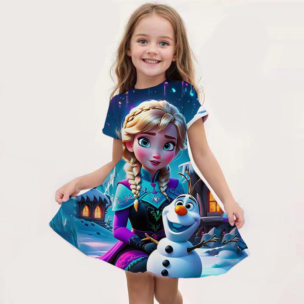 2026 Disney New Summer Girl Princess Elsa Dress Fashion Cartoon Cute 3d Print Dress Kid Short Sleeve Princess Frozen Clothing