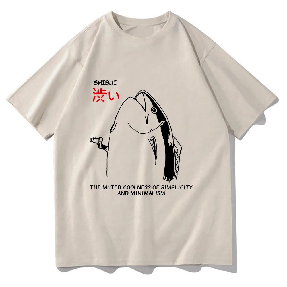 Funny Japanese Fish With Gun Tshirt 2025 Men/women Clothing Harajuku Kawaii Clothes Summer Tops Unisex Cotton Graphic T Shirts