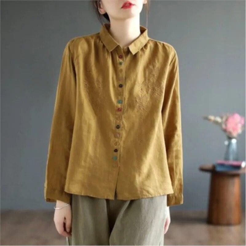 

Johnature женские рубашки с цветочной вышивкой, топы, однотонные весенние блузки с отложным воротником, свободные женские рубашки One Size жёлтый