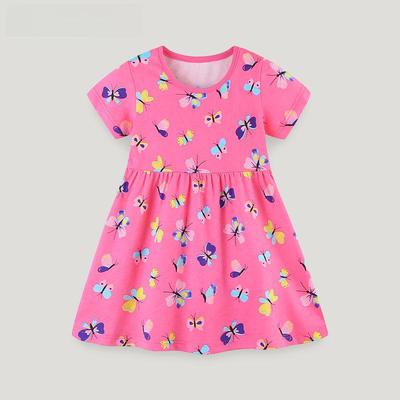 Girls' European & American Style Butterfly Print Summer Dress - Cotton, Round Neck, Princess Design