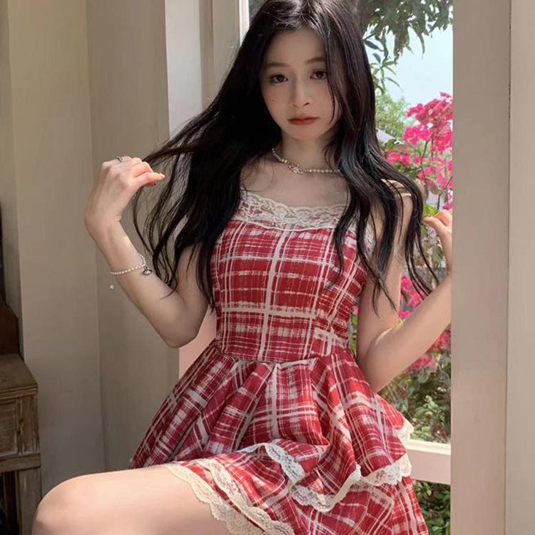 French sweet style square neck plaid suspender dress women's summer irregular red princess lace tutu dress