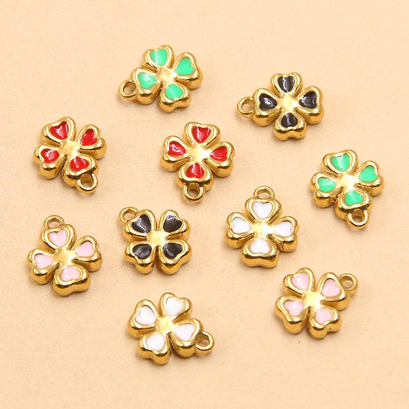 10x12mm Double-Sided Enamel Four-Leaf Clover Pendant, Stainless Steel, 5 Colors, DIY Jewelry Accessory