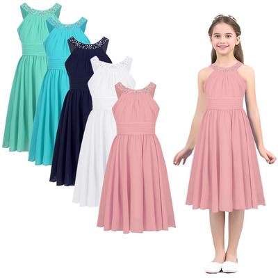 Girls Sleeveless Halter Neck Chiffon Dress Wedding Birthday Party Evening Prom Maxi Gown Dresses