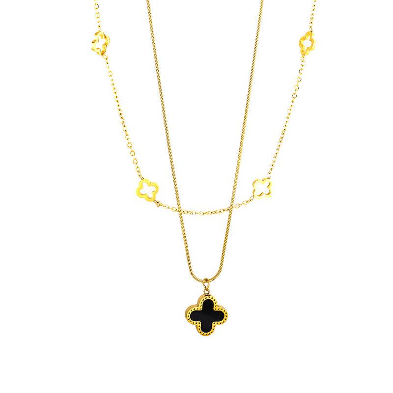 Elegant Four-Leaf Clover Double-Layer Necklace, Black & White Titanium Steel Clavicle Chain