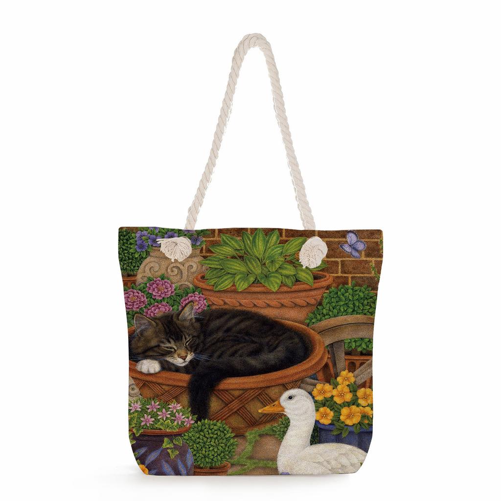 Flower Cat Print Thick Rope Single-shoulder Beach Bag 7262