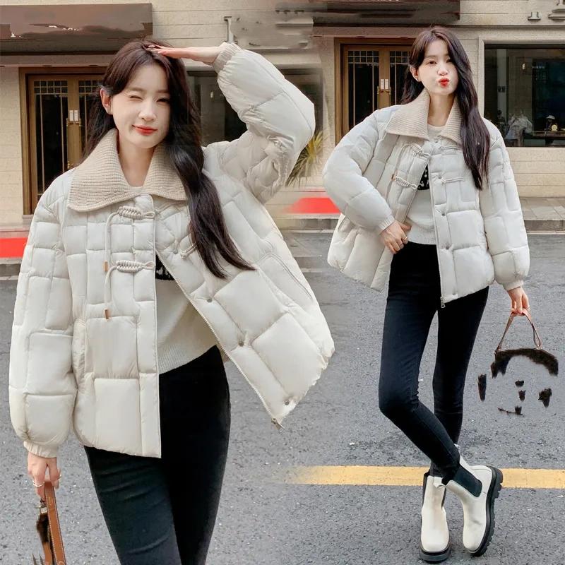 Fasjonabel bomullsjakke i vestlig stil med stor krage for damer, liten jakke med kinesiske knapper