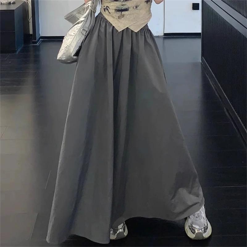 Women Retro Pockets A Line Long Skirt Ladies Casual Loose Elastic High Waist Midi Skirt Spring Summer Skirt