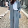 2 Pcs/Set Lady Formal Coat Pants Set Long Sleeves Open Stitch Cardigan Mid Length Jacket Loose Straight Wide Leg High Waist Trousers Formal