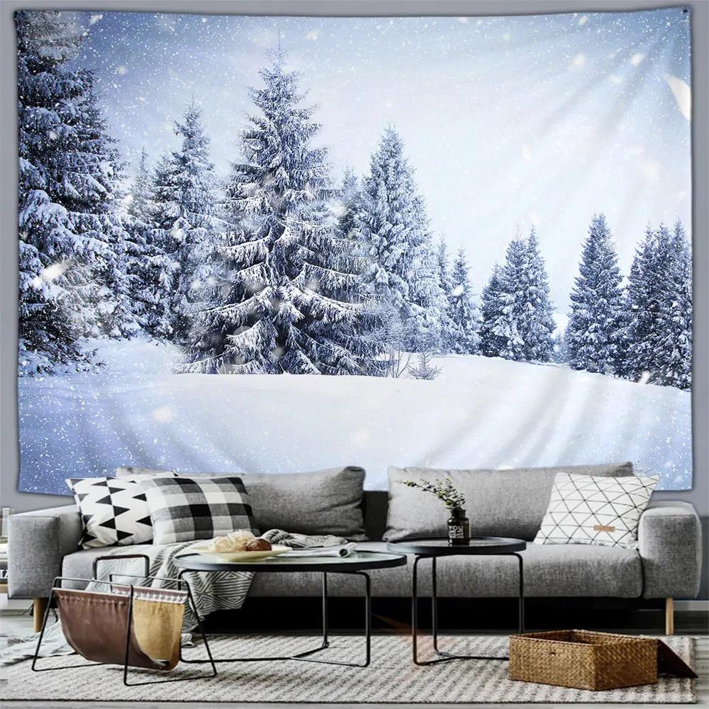 Winter Forest Snow Scene Tapestry Wall Hanging Christmas Tree Happy New Year Bedroom Living Room Home Decoration