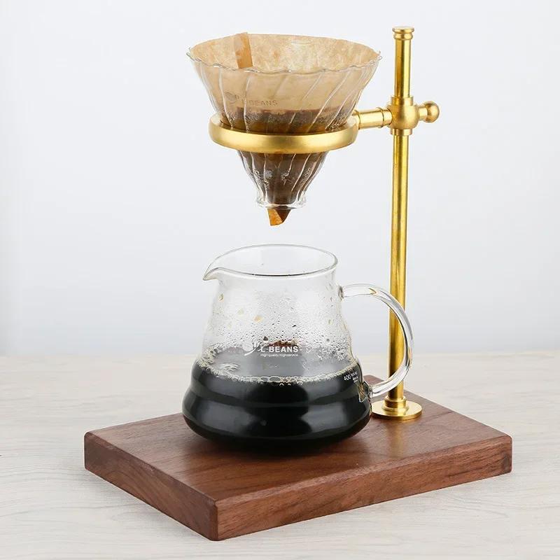 Coffee Station Accessories, Pour Over Coffee Stand(Adjustable, Brass Walnut Holder, Base), Glass Dripper Filter Cup, Pot