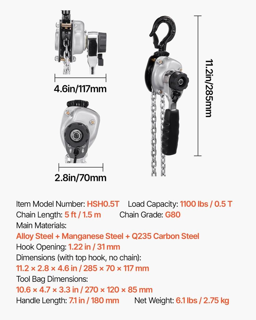 Manual Lever Chain Hoist, 1/2T 500KG Capacity Heavy Duty Come Along, 1.5M Lift G80 Alloy Steel Chain With Dual Pawl Mechanical Brake, 360° Rotating