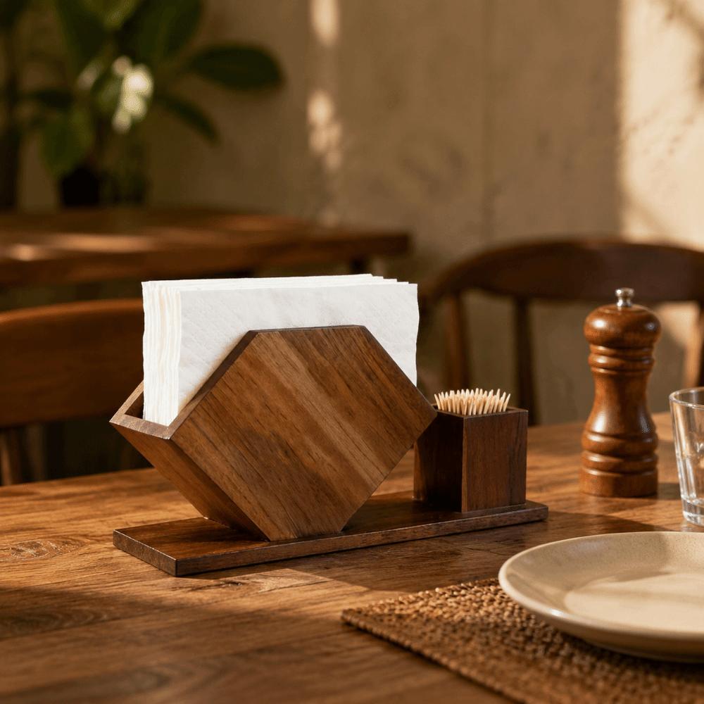 Wooden Napkin Holders No-slip Freestanding Tissue Storage Rack with Toothpick Case Stable Desktop Paper Organizer Countertops