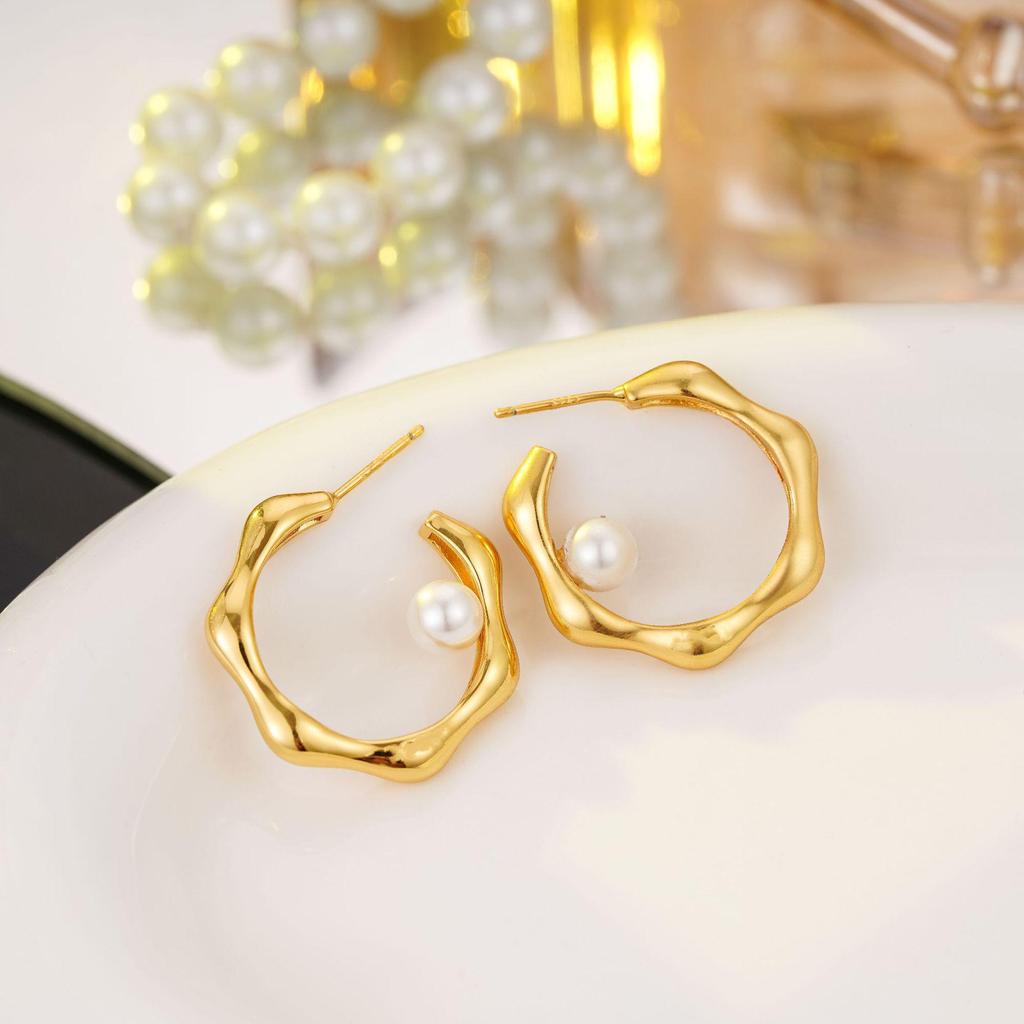 Cercei eleganți vintage în formă de C, placați cu aur de 18K, cu perle și argint sterling 925