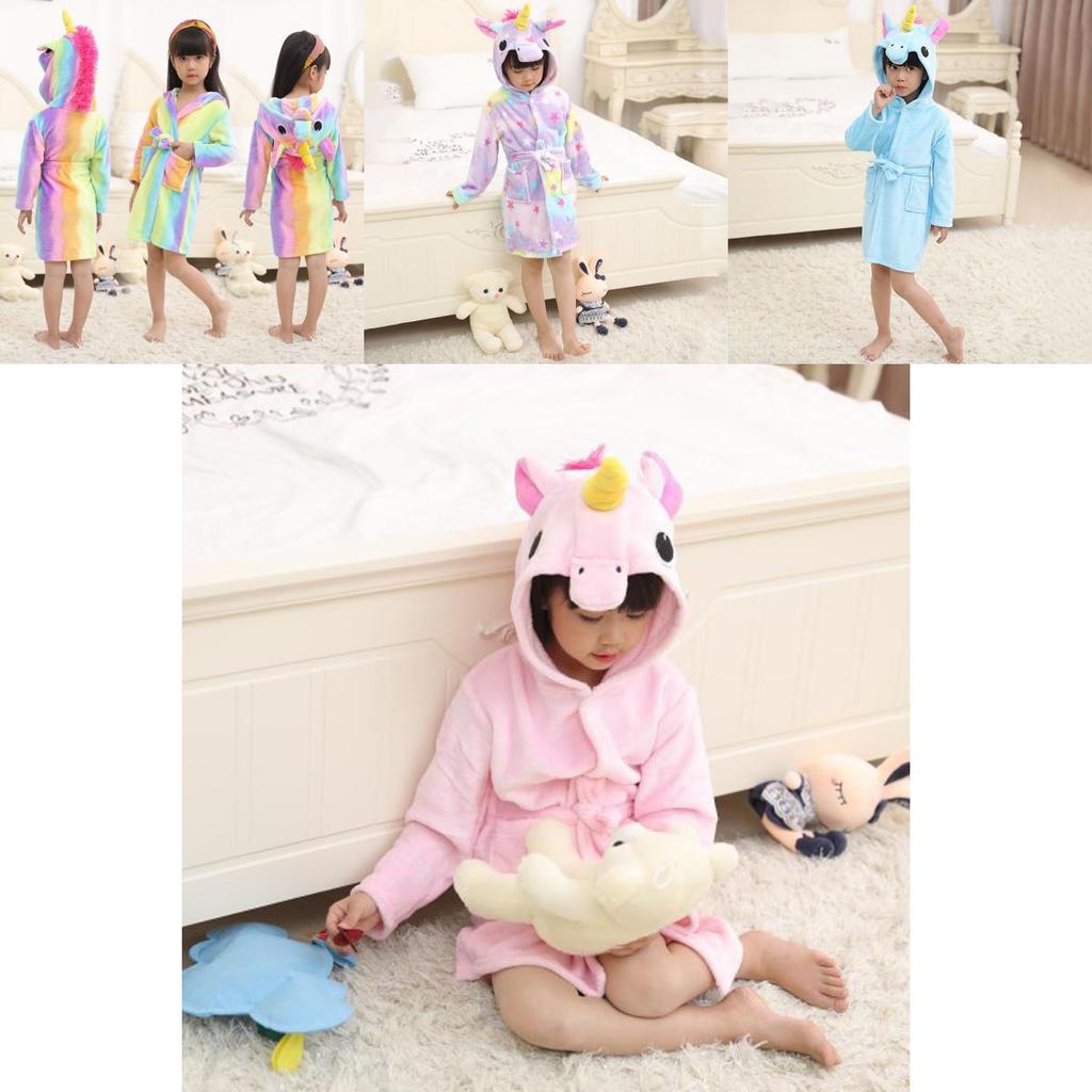 Unicorn Kids Unisex Bathrobe Girls Boys Hooded Pajamas Sleepwear Nightwear