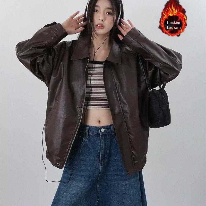 2023 Women's Hong Kong Style Retro Brown Leather Jacket - Autumn Motorcycle Inspired