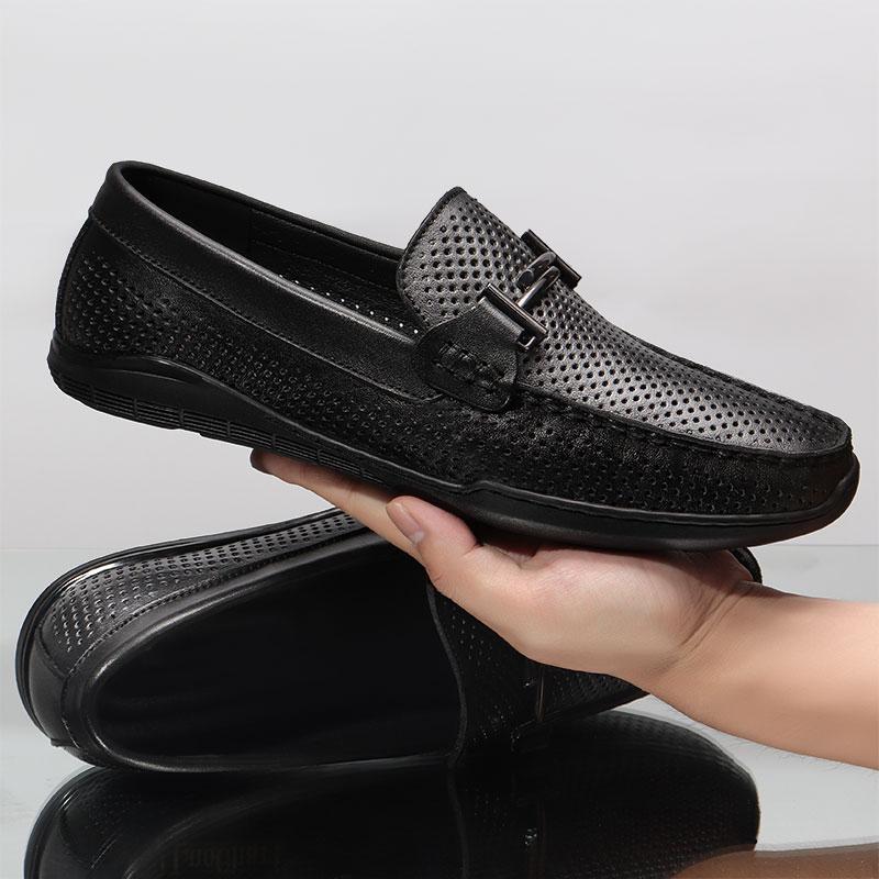 Herren Freizeitschuhe Luxusmarke Herren Slipper Sommer Echtes Leder Flache Fahrschuhe Mann Atmungsaktive Mokassins Ausgehöhlter Loafer