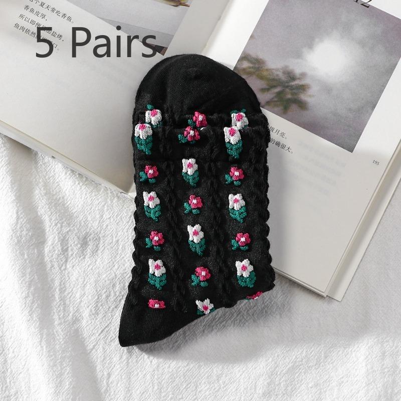 

5 пар женских осенне-зимних новых модных хлопковых носков с милыми цветами в рубчик 5 Pairs