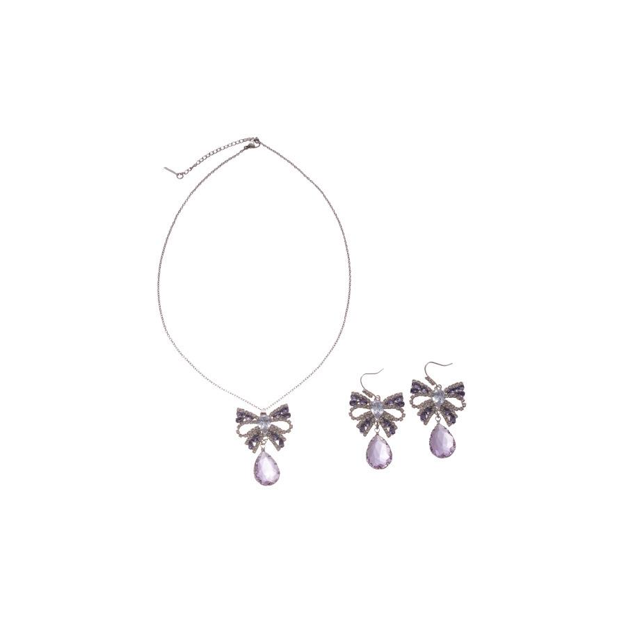 Elegant French Cubic Zirconia Bow Earrings and Necklace Set