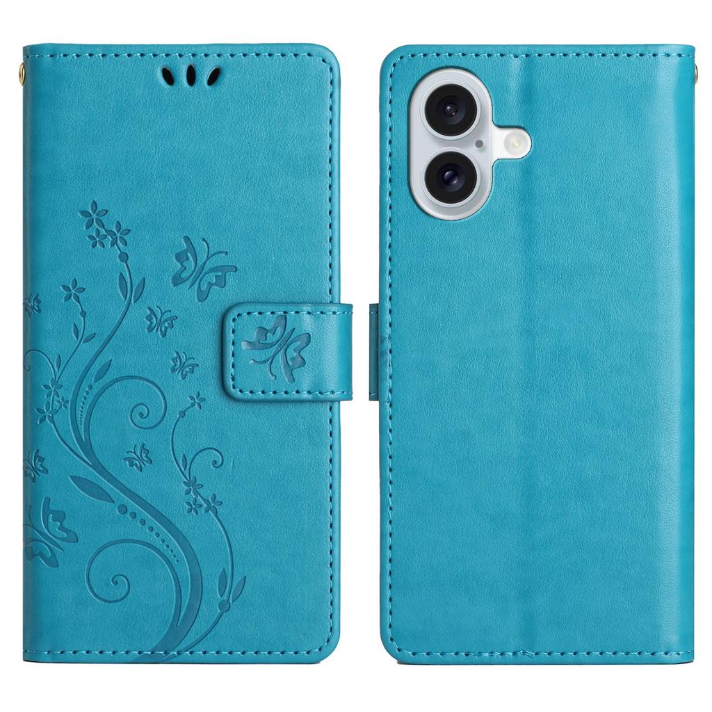 For iPhone 17 Leather Wallet Case Butterfly Flower Imprinted Phone Cover with Strap