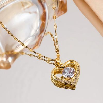 Htpwe Artificial Gems Heart Pendant Necklace for Women Golden Stainless Steel Lips Neck Chain Female Necklaces Zircon for Girl