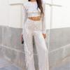 Quaste Pailletten Frauen 2 Stück Sets Silber Helle Seide Oansatz Crop Tops Breite Bein Hosen Weibliche Hose Anzüge Mode street Lady Set Legant Party Sexy Outfits