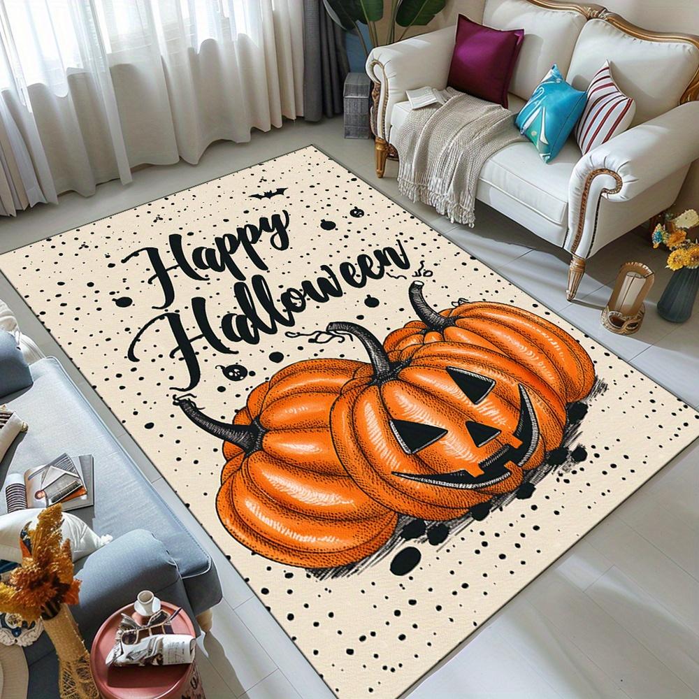 Happy Halloween Pumpkin Area Rug – Festive Orange & Black Design, Easy-Clean Polyester Carpet for Living Room or Bedroom, Durabl
